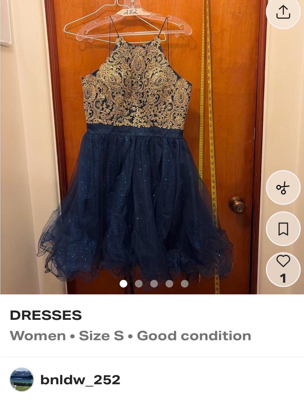 Tiffany Designs Navy Blue Glitter Tulle Dress with Gold Embroidered Bodice